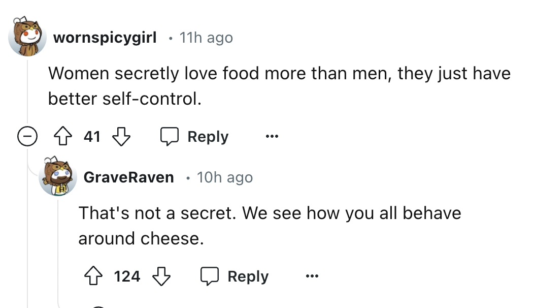 screenshot - wornspicygirl 11h ago Women secretly love food more than men, they just have better selfcontrol. 41 GraveRaven 10h ago That's not a secret. We see how you all behave around cheese. 124